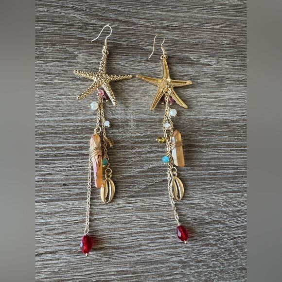 Gold Starfish Dangle Earrings N888 - Picture 3 of 4